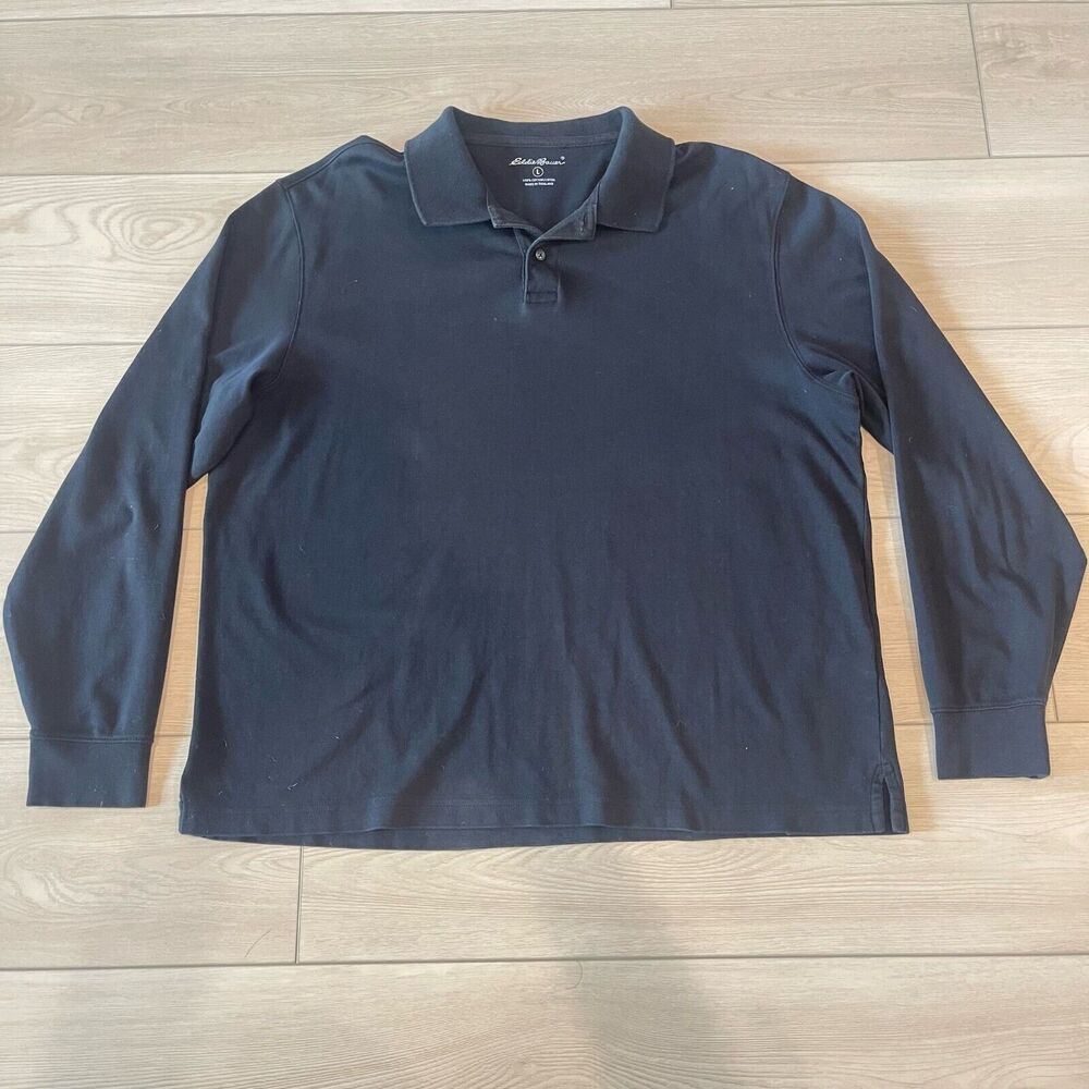 Eddie‎ Bauer Mens Long SLeeve Top L Black Collared 100% Cotton Classic Basic